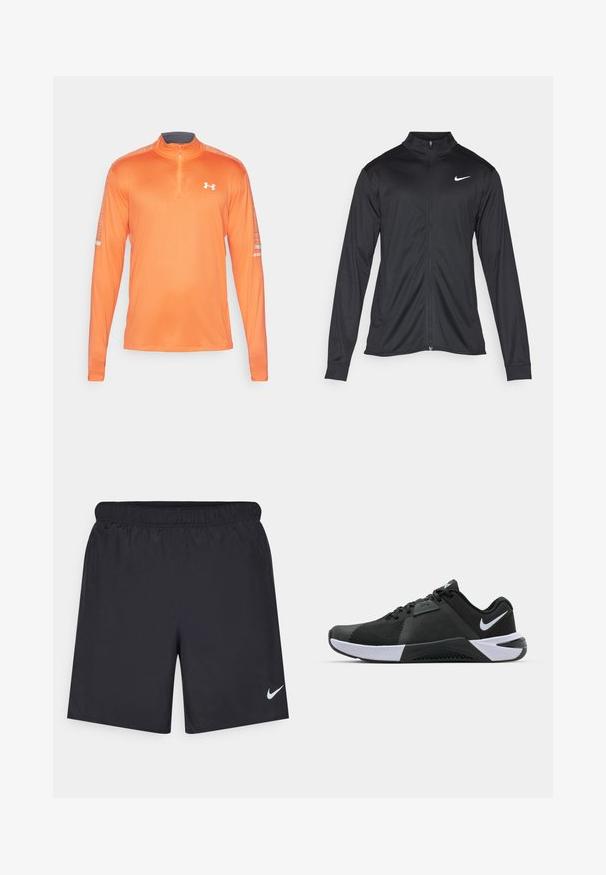 Svart idrettsjakke med lange ermer, krage og full glidelås. Har en subtil Nike-logo i hvitt på øvre venstre bryst. Glatt tekstur.; Oransje langermet treningsskjorte med en halv-glidelås krage. Laget av glatt stoff, med teksturerte detaljer på skuldrene.; Svart sportskjørt laget av lett materiale med elastisk linning. Har en liten hvit Nike-logo nederst til venstre.; Nike Performance METCON 10 - Treningssko - black/white/anthracite