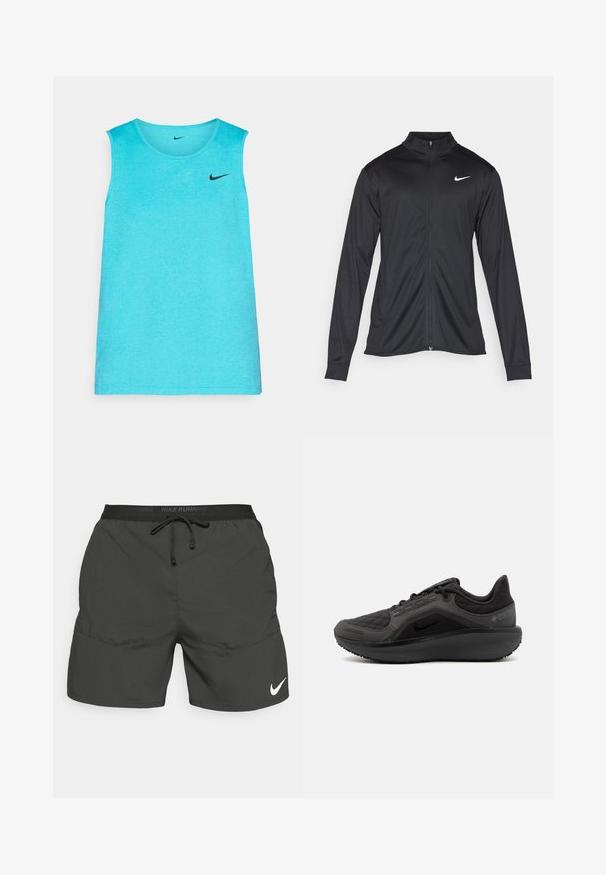 Black athletic jacket with long sleeves, collar, and full zipper. Features a subtle Nike logo in white on the upper left chest. Smooth texture.; Light blue sleeveless athletic tank top made of a smooth fabric, featuring a black Nike logo on the left chest and a round neckline.; Black running shorts with an elastic waistband, drawstring, side pockets, and a white Nike logo on the lower left leg.; Black athletic shoe with a textured quilted upper, sleek design, and black rubber sole. Features a visible logo and Gore-Tex branding.