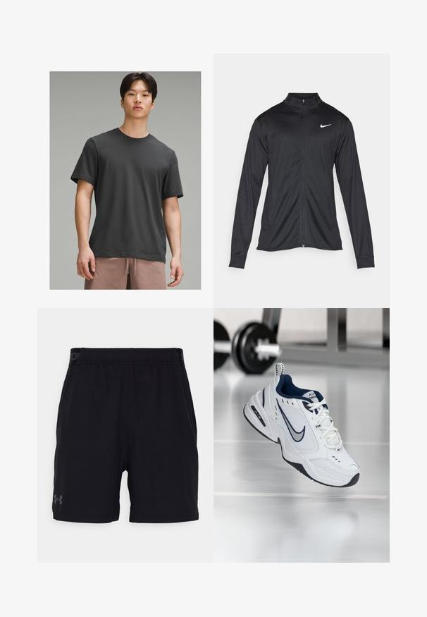 Svart idrottsjacka med långa ärmar, krage och full dragkedja. Har en diskret Nike-logga i vitt på övre vänstra bröstet. Slät yta.; Mörkgrå kortärmad t-shirt med rund halsringning, gjord av mjukt tyg. Har en avslappnad passform och slät textur.; Svarta träningsshorts med elastisk midja, med en subtil grå logotyp på vänster ben. Slätt tyg, knä-lång design.; Vit sportskor med marinblå detaljer, ovandel i mesh och läder, förstärkt tå och sula i svart gummi. Har distinkt Nike-logotyp.