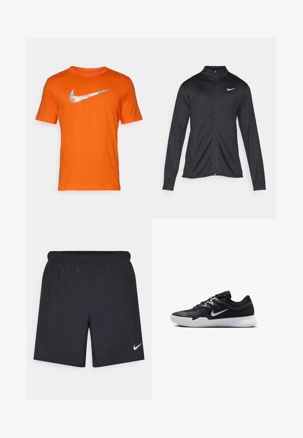 Chaqueta atlética negra con mangas largas, collar y cremallera completa. Presenta un sutil logo de Nike en blanco en la parte superior izquierda del pecho. Textura suave.; Camiseta de algodón naranja con mangas cortas que presenta un logo de Nike en azul y blanco en el pecho. Cuello redondo, ajuste clásico.; Pantalones cortos deportivos negros hechos de un material ligero con una cintura elástica. Presenta un pequeño logo blanco de Nike en la parte inferior izquierda.; Zapatilla deportiva negra con parte superior texturizada, logo de Nike en blanco y suela de goma blanca. Tiene un diseño con cordones y una forma dinámica.