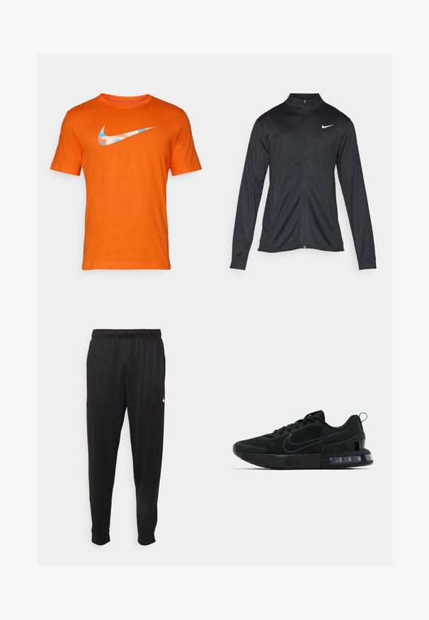 Jacket desportivo preto com mangas longas, colarinho e fecho zip completo. Apresenta um discreto logotipo da Nike em branco na parte superior do lado esquerdo do peito. Textura suave.; T-shirt de algodão laranja com mangas curtas, apresentando um logo da Nike azul e branco no peito. Gola redonda, corte clássico.; Calças de desporto pretas feitas de tecido suave, com uma cintura elástica, pernas ajustadas e um pequeno logo branco no lado esquerdo.; Tênis esportivo Nike preto com parte superior em malha, sola de borracha, colarinho acolchoado e um distinto detalhe transparente no calcanhar.