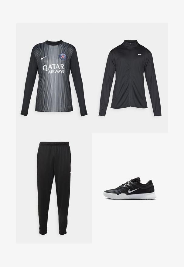 Musta urheilutakki pitkillä hihoilla, kauluksella ja kokonaisella vetoketjulla. Täydentää hienovarainen Nike-logo valkoisena vasemmassa ylärinnassa. Litteä pinta.; Pitkähihaisen jalkapallopaidan musta ja harmaa, pystysuorilla raidoilla, pyöreä pääntie, Nike-logo ja "QATAR AIRWAYS" -teksti.; Mustat urheiluhousut, jotka on valmistettu sileästä kankaasta. Niissä on joustava vyötärö, kapenevat lahkeet ja pieni valkoinen logo vasemmalla puolella.; Musta urheilukenkä, jossa on teksturoitu päällinen, valkoinen Nike-tikkaus ja valkoinen kumipohja. Kenkässä on nauhakuji ja dynaaminen muoto.