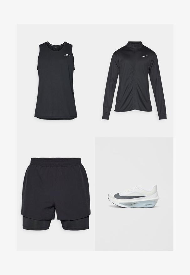 Must värvi sportlik jakk pikkade varrukatega, krae ja täispikk tõmblukk. Ülemises vasakus rinnas on diskreetne valge Nike logo. Sile tekstuur.; Musthave jälgijaga must ilma varrukateta sporditop, ümarate kaelustega, valmistatud kergest materjalist, ülemises vasakus nurgas on väike valge logo.; Mustad mustetrikud elastse vöökoha, kihilise disaini ja sobiva sisekattega. Sile tekstuur, loodud mugavuseks.; Valge sportlik king, millel on hall võrgusilm ülemine osa, sinine ZoomX vaht keskmine tald ja kumer välispinna disain, mis tagab parema tõuke ja mugavuse.