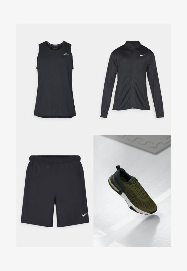 Giacca sportiva nera con maniche lunghe, colletto e zip completa. Presenta un logo Nike in bianco sulla parte superiore del lato sinistro del petto. Tessuto morbido.; Canotta atletica nera senza maniche con scollatura rotonda, realizzata in materiale leggero, caratterizzata da un piccolo logo bianco nell'angolo superiore sinistro.; Shorts sportivi neri realizzati in materiale leggero con vita elastica. Presentano un piccolo logo Nike bianco sul lato sinistro in basso.; Scarpa sportiva verde oliva con tomaia in mesh, accenti neri e una suola intermedia maculata bianca. Presenta una punta rotonda e ammortizzazione nel tallone.