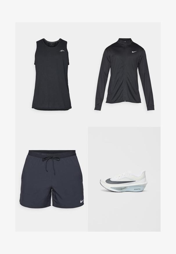Juodas sportinis švarkas su ilgomis rankovėmis, apykakle ir pilnu užtrauktuku. Yra subtilus baltas Nike logotipas kairėje krūtinės pusėje. Lygus tekstūra.; Juodas be rankovių sportinis marškinėlis su apvaliu iškirpimu, pagamintas iš lengvos medžiagos, viršutiniame kairiajame kampe esantis mažas baltas logotipas.; Nike bėgimo šortai, tamsiai pilki, elastinga juostos dalis su raišteliu, šoninės kišenės, lengvas audinys, su baltu Nike logotipu apatinėje krašto dalyje.; Balti sportiniai bateliai su pilku tinkleliu, mėlynas ZoomX putų vidurinės dalies padas ir išgaubtas padas, užtikrinantis didesnį varomumą ir komfortą.