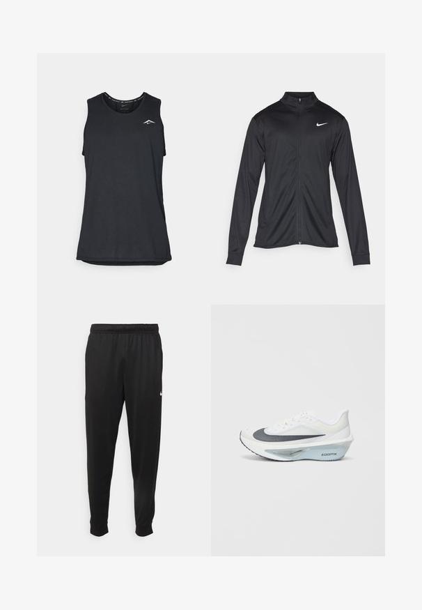 Černá sportovní bunda s dlouhými rukávy, límcem a plným zipem. Má decentní bílou logo značky Nike na horní levé části hrudi. Hladká textura.; Černý bezrukávový sportovní top s kulatým výstřihem, vyrobený z lehkého materiálu, s malým bílým logem v levém horním rohu.; Černé sportovní kalhoty vyrobené z hladké tkaniny, s elastickým pasem, zúženými nohavicemi a malým bílým logem na levé straně.; Bílé sportovní boty s šedou síťovinou, modrou střední vrstvou z pěny ZoomX a zakřivenou podešví pro lepší pohon a pohodlí.