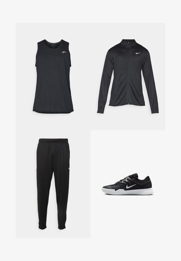 Čierna športová bunda s dlhými rukávmi, golierom a plným zipsom. Obsahuje nenápadné logo Nike v bielej farbe na hornej ľavej hrudi. Hladká textúra.; Čierny športový bezrukávový top s okrúhlym výstrihom, vyrobený z ľahkého materiálu, s malým bielym logom v hornom ľavom rohu.; Čierne športové nohavice z hladkej tkaniny, s elastickým pásom, zužujúcimi sa nohavicami a malým bielym logom na ľavej strane.; Čierna športová topánka s textúrovaným zvrškom, bielym logom Nike a bielou gumovou podrážkou. Má šnurovací dizajn a dynamický tvar.