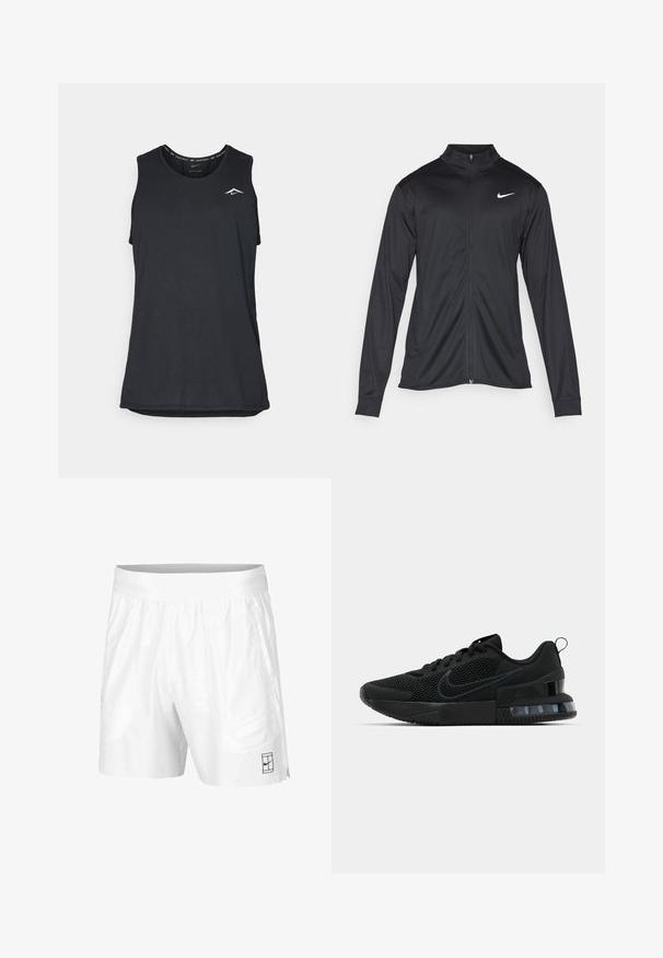 Giacca sportiva nera con maniche lunghe, colletto e zip completa. Presenta un logo Nike in bianco sulla parte superiore del lato sinistro del petto. Tessuto morbido.; Canotta atletica nera senza maniche con scollatura rotonda, realizzata in materiale leggero, caratterizzata da un piccolo logo bianco nell'angolo superiore sinistro.; Pantaloni sportivi bianchi realizzati in tessuto leggero con vita elastica, dotati di due tasche laterali e un piccolo logo nero sull'orlo.; Sneakers nere Nike con tomaia in mesh, suola testurizzata e unità aria visibile nel tallone. Accenti e logo in una tonalità di nero più scura.