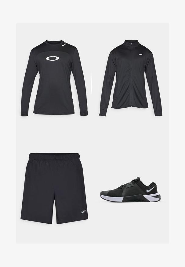 Fekete sportdzseki hosszú ujjal, gallérral és teljes cipzárral. Diszkrét fehér Nike logóval az upper bal mellen. Sima textúra.; Fekete, hosszú ujjú sportpóló könnyű, textúrált anyagból. Fehér logó található a mellrészen, és kontrasztos gallér dizájn jellemzi.; Fekete sportnadrág könnyű anyagból, rugalmas derékkal. A bal alsó oldalon egy kis fehér Nike-logó található.; Nike Performance METCON 10 - Edzőcipő - black/white/anthracite