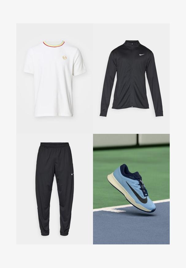 Svart idrettsjakke med lange ermer, krage og full glidelås. Har en subtil Nike-logo i hvitt på øvre venstre bryst. Glatt tekstur.; Hvit bomulls T-skjorte med ribbestrikket krage som har røde, grønne og blå kanter. Lite brodert logo i gull på venstre bryst. Klassisk snitt.; Svarte treningbukser med elastisk midje, avsmalnende ben og en liten hvit Nike-logo på venstre lår. Glatt stoff, ingen mønstre.; Lys blå idrettssko med marineblå detaljer, teksturert mesh-overdel og svart Swoosh-logo. Har en polstret midtsåle og gummisåle.