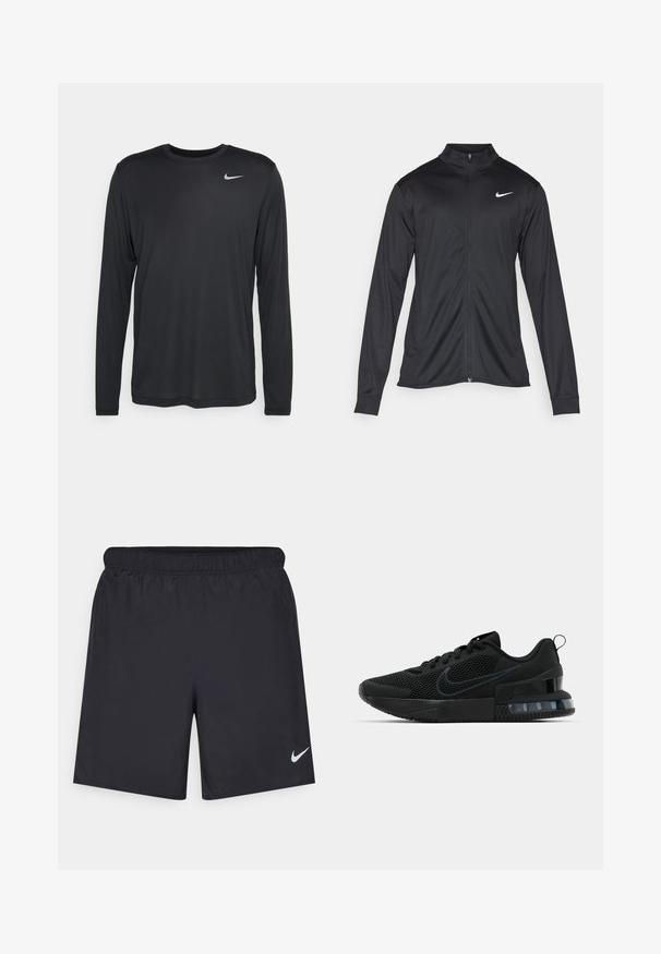 Juodas sportinis švarkas su ilgomis rankovėmis, apykakle ir pilnu užtrauktuku. Yra subtilus baltas Nike logotipas kairėje krūtinės pusėje. Lygus tekstūra.; Juodas ilgomis rankovėmis Nike marškinėliai, pagaminti iš lengvos medžiagos. Turi apvalų iškirpimą ir mažą baltą Nike logotipą viršutiniame kairiajame krūtinės kampe.; Juodos sportinės šortai, pagaminti iš lengvos medžiagos, su elastingu juosmeniu. Ant apatinės kairės pusės yra mažas baltas Nike logotipas.; Juodas Nike sportinis batas su tinklo viršumi, guminėmis padais, paminkštintu apykakle ir išskirtiniu skaidriu kulno akcentu.
