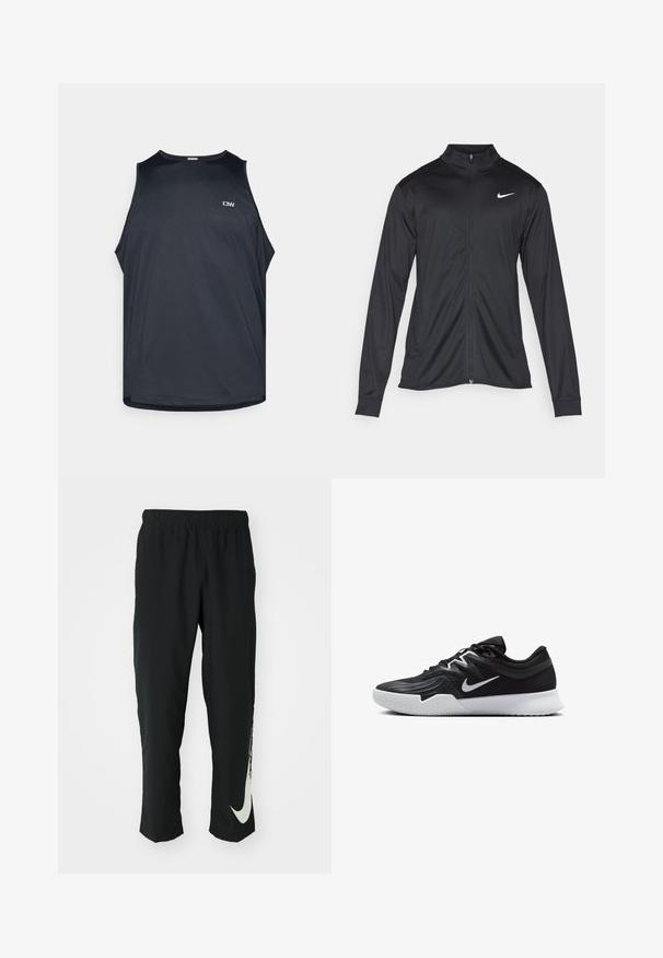 Černá sportovní bunda s dlouhými rukávy, límcem a plným zipem. Má decentní bílou logo značky Nike na horní levé části hrudi. Hladká textura.; Černý sportovní tílko vyrobené z texturovaného, prodyšného materiálu. Má kulatý výstřih a široké armhole. Malé logo vpředu.; Černé sportovní kalhoty s elastickým páskem, zúženým střihem, se velkým bílým logem Nike na levé nohavici. Měkká, lehká tkanina.; Černá atletická bota s texturovaným svrškem, bílým logem Nike a bílou gumovou podrážkou. Disponuje šněrovacím designem a dynamickým tvarem.