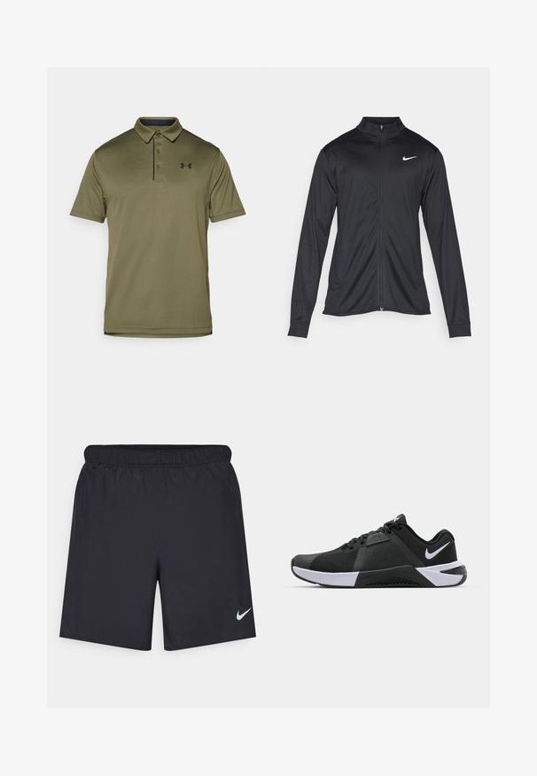 Fekete sportdzseki hosszú ujjal, gallérral és teljes cipzárral. Diszkrét fehér Nike logóval az upper bal mellen. Sima textúra.; Olívazöld polo póló texturált anyagból, három gombos záródással és sötét tengerészkék részletekkel. Hímzett logó található a mellkason.; Fekete sportnadrág könnyű anyagból, rugalmas derékkal. A bal alsó oldalon egy kis fehér Nike-logó található.; Nike Performance METCON 10 - Edzőcipő - black/white/anthracite