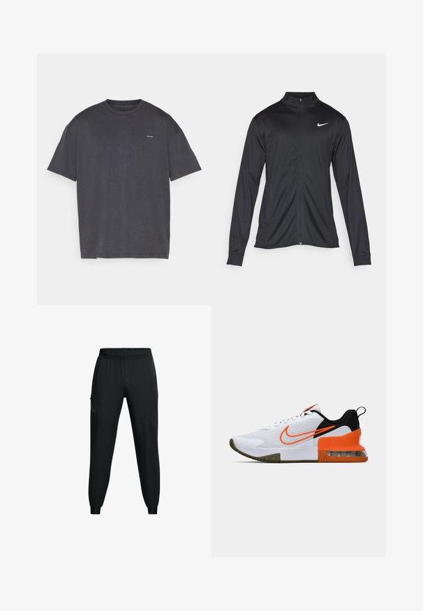 Must värvi sportlik jakk pikkade varrukatega, krae ja täispikk tõmblukk. Ülemises vasakus rinnas on diskreetne valge Nike logo. Sile tekstuur.; Tumehall lühikeste varrukatega T-särk, mis on valmistatud puuvillast, ümarate kaelaaukudega ning ees on väike logo. Pehme tekstuur ja lõdva istuvusega disain.; Musthave mustamaadid sportlikud püksid elastse vöökohaga, kitseneva jala disainiga, küljetaskudega ja kontrastsete paneelide detailidega. Kerge, sileda kangaga.; Valge sportlik king, millel on tekstuuriga võrkkangas, mustad ja oranžid detailid, paks kummitald ja selge õhukambriga osa kanna juures.