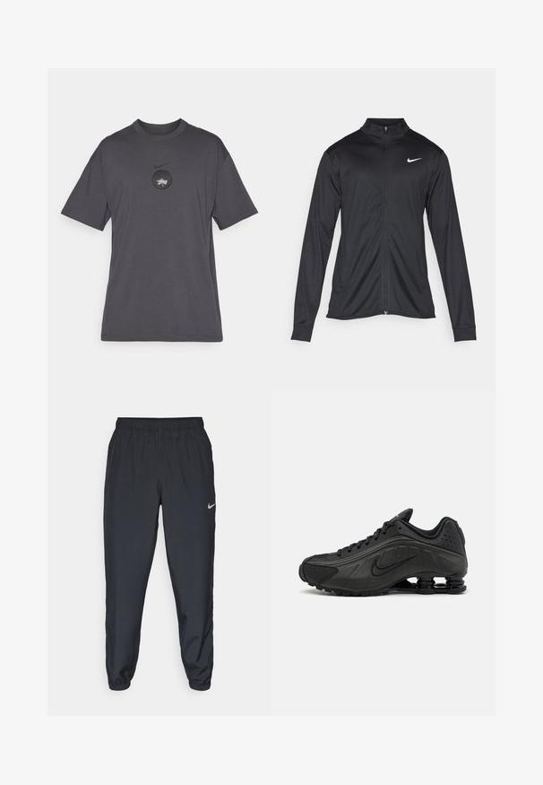 Crna sportska jakna s dugim rukavima, ovratnikom i punim patentnim zatvaračem. Ima suptilan Nike logo u bijeloj boji na gornjem lijevom dijelu prsne oznake. Glatka tekstura.; Siva kratka majica s kratkim rukavima izrađena od pamuka. Ima crni okrugli logo na prsima s bijelim grafičkim dizajnom. Regularni kroj i okrugli izrez.; Crne trenirke od laganog materijala s elastičnom trakom u struku, manžetama na gležnjevima i diskretnim Nike logom s lijeve strane.; Crne trkačke cipele s glatkim sintetičkim gornjim dijelom, perforiranim detaljima, teksturiranim bočnim panelima i karakterističnim elastičnim potplatom.