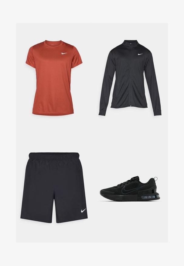 Juodas sportinis švarkas su ilgomis rankovėmis, apykakle ir pilnu užtrauktuku. Yra subtilus baltas Nike logotipas kairėje krūtinės pusėje. Lygus tekstūra.; Nike Performance NIKECOURT VICTORY TOP - Sportiniai marškinėliai trumpomis rankovėmis - mars stone/white; Juodos sportinės šortai, pagaminti iš lengvos medžiagos, su elastingu juosmeniu. Ant apatinės kairės pusės yra mažas baltas Nike logotipas.; Juodi „Nike“ sportbačiai su tinklinio audinio viršumi, tekstūruota pado danga ir matoma oro pagalve kulne. Akcentai ir logotipas tamsesnės juodos spalvos.