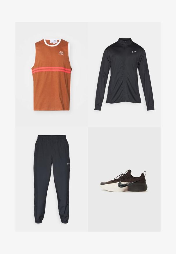 Must värvi sportlik jakk pikkade varrukatega, krae ja täispikk tõmblukk. Ülemises vasakus rinnas on diskreetne valge Nike logo. Sile tekstuur.; Pruun ilma varrukatopp, millel on valge ääris, kus on rinnal kaks horisontaalset roosa triipu ja väike valge logo.; Kerged mustad spordipüksid, mis on valmistatud kerge kangaga, elastse vöökoha, pahkluude mansettide ja diskreetse Nike logo abil vasakul külgedel.; Must musta ja halli Nike spordijalats tekstureeritud pealisega, musta swoosh-logo ja valgest hallini gradueeritud tallaga. Omab nöörimise disaini ja tagumist silmust.