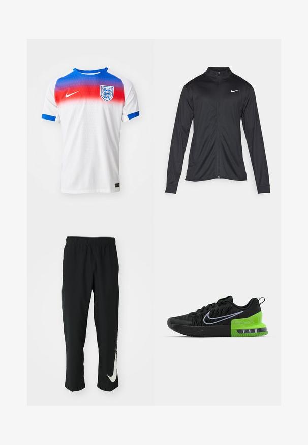 Black athletic jacket with long sleeves, collar, and full zipper. Features a subtle Nike logo in white on the upper left chest. Smooth texture.; White short-sleeve football jersey featuring a gradient red to blue collar, blue sleeve accents, and an England crest on the chest.; Black athletic pants with elastic waistband, tapering design, featuring a large white Nike logo on the left leg. Soft, lightweight fabric.; Black athletic shoe with mesh upper, featuring a green and black sole with air cushioning, and a white Nike swoosh logo.
