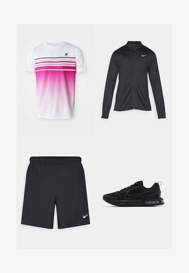 Crna sportska jakna s dugim rukavima, ovratnikom i punim patentnim zatvaračem. Ima suptilan Nike logo u bijeloj boji na gornjem lijevom dijelu prsne oznake. Glatka tekstura.; Bijela majica kratkih rukava s ružičastim ombre dizajnom, horizontalnim prugama u tamnoroza i mornarskoj plavoj boji te malim crnim logotipom na prsima.; Crne atletske kratke hlače od laganog materijala s elastičnom tačkom. Imaju mali bijeli Nike logo na donjoj lijevoj strani.; Crne Nike tenisice s mrežastim gornjim dijelom, teksturiranim potplatom i vidljivom zračnom jedinicom u peti. Naglasci i logo u tamnijoj nijansi crne.