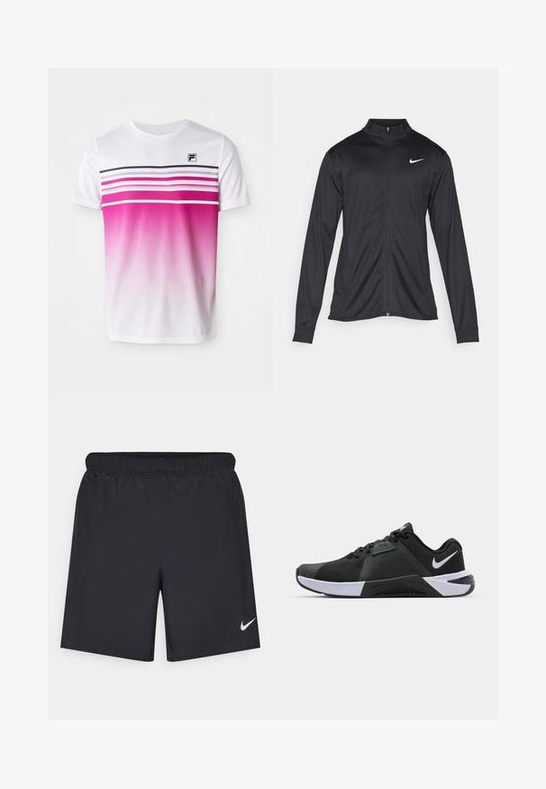 Must värvi sportlik jakk pikkade varrukatega, krae ja täispikk tõmblukk. Ülemises vasakus rinnas on diskreetne valge Nike logo. Sile tekstuur.; Valge lühikeste varrukatega T-särk, millel on roosa ombre disain, horisontaalsed triibud tumeroosas ja tumesinises ning väike must logo rinnal.; Mustad mustikud lühikesed püksid, mis on valmistatud kergest materjalist ja millel on elastne vöökoht. Alumisel vasakul küljel on väike valge Nike logo.; Nike Performance METCON 10 - Treeningjalatsid - black/white/anthracite