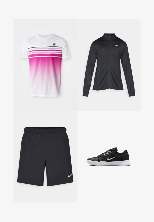 Crna sportska jakna s dugim rukavima, ovratnikom i punim patentnim zatvaračem. Ima suptilan Nike logo u bijeloj boji na gornjem lijevom dijelu prsne oznake. Glatka tekstura.; Bijela majica kratkih rukava s ružičastim ombre dizajnom, horizontalnim prugama u tamnoroza i mornarskoj plavoj boji te malim crnim logotipom na prsima.; Crne atletske kratke hlače od laganog materijala s elastičnom tačkom. Imaju mali bijeli Nike logo na donjoj lijevoj strani.; Crna sportska cipela s teksturiranim gornjim dijelom, bijelim Nike swooshom i bijelim gumennim potplatom. Ima dizajn s vezanjem i dinamičan oblik.