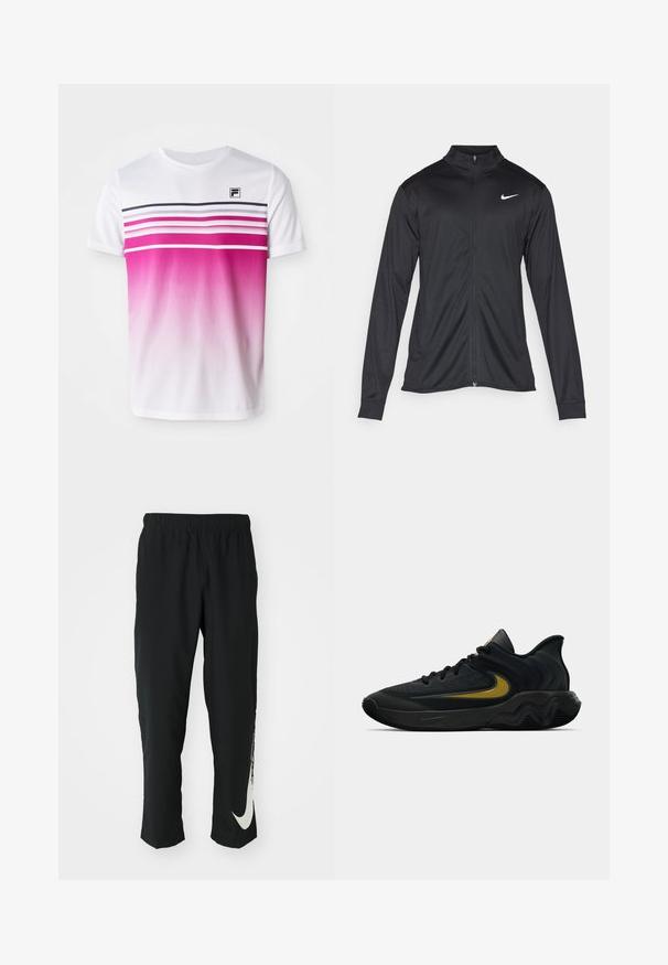 Musta urheilutakki pitkillä hihoilla, kauluksella ja kokonaisella vetoketjulla. Täydentää hienovarainen Nike-logo valkoisena vasemmassa ylärinnassa. Litteä pinta.; Valkoinen lyhythihainen t-paita, jossa on vaaleanpunainen ombre-suunnittelu, vaakasuorat raidat tummanpunaisena ja laivastonsinisenä sekä pieni musta logo rinnassa.; Mustat urheiluhousut, joissa on joustava vyötärö, kapeneva muotoilu ja suuri valkoinen Nike-logo vasemmassa lahkeessa. Pehmeä, kevyt kangas.; Musta ja tummanharmaa urheilukenkä mustilla nauhoilla ja kultaisella swoosh-logolla, jossa on aaltoileva pohjakuvio ja pehmustettu kantapään kaulus.