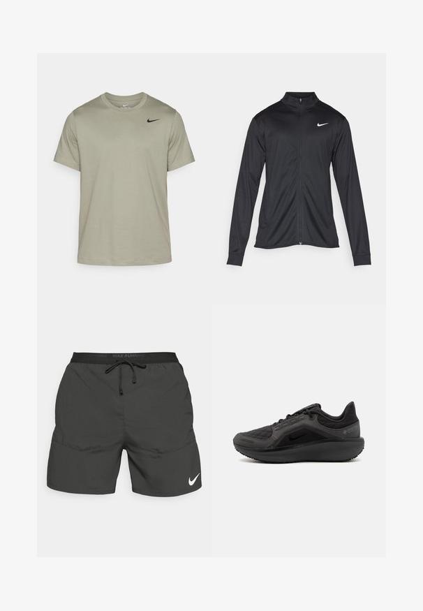Czarna sportowa kurtka z długimi rękawami, kołnierzem i pełnym zamkiem. Posiada subtelne logo Nike w białym kolorze na lewej górnej części klatki piersiowej. Gładka tekstura.; Oliwkowa koszulka Nike z okrągłym dekoltem, krótkimi rękawami i małym czarnym logo na górnej lewej stronie. Wykonana z miękkiej, oddychającej tkaniny.; Czarne szorty biegowe z elastycznym pasem, sznurkiem ściągającym, bocznymi kieszeniami oraz białym logo Nike na dolnej lewej nogawce.; Czarny but sportowy z teksturowanym, pikowanym cholewką, smukłym designem i czarną gumową podeszwą. Posiada widoczne logo oraz branding Gore-Tex.