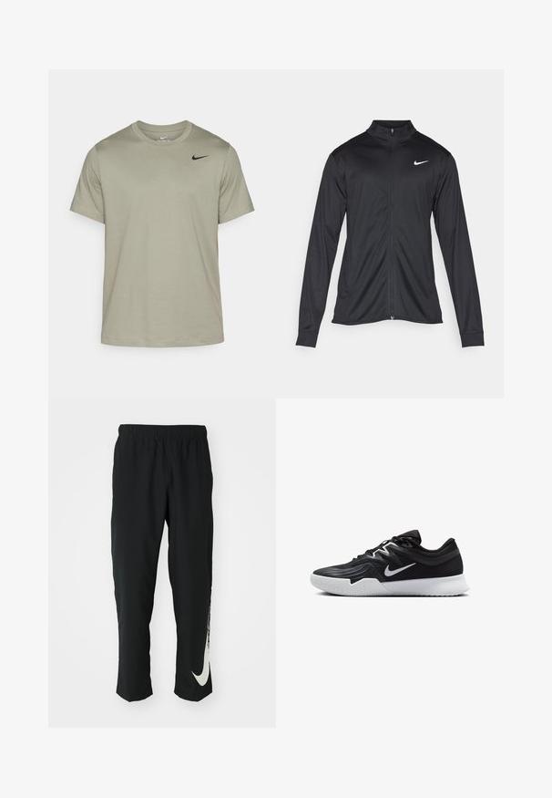 Must värvi sportlik jakk pikkade varrukatega, krae ja täispikk tõmblukk. Ülemises vasakus rinnas on diskreetne valge Nike logo. Sile tekstuur.; Olive roheline Nike T-särk ümmarguse kaelakaela, lühikeste varrukatega ja ülemisel vasakul küljel on väike must logo. Valmistatud pehmest ja hingavast kangast.; Mustad mustad sportlikud püksid elastse vöökohtadega, kitseneva disainiga, millel on vasakul jalal suur valge Nike logo. Pehme, kerge kangas.; Must mustad jalanikesad rikaste ülaservaga, valge Nike swoosh'i ja valge kummist välispõhjaga. Omab paeltega sulgemisdetaili ja dünaamilist kuju.