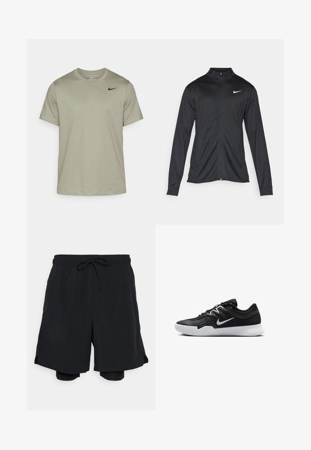 Must värvi sportlik jakk pikkade varrukatega, krae ja täispikk tõmblukk. Ülemises vasakus rinnas on diskreetne valge Nike logo. Sile tekstuur.; Olive roheline Nike T-särk ümmarguse kaelakaela, lühikeste varrukatega ja ülemisel vasakul küljel on väike must logo. Valmistatud pehmest ja hingavast kangast.; Mustad mustad lühikesed püksid, mis on valmistatud kergest kangast, elastse vöökoha ja reguleeritava nööriga, ning neid sisepükse.; Must mustad jalanikesad rikaste ülaservaga, valge Nike swoosh'i ja valge kummist välispõhjaga. Omab paeltega sulgemisdetaili ja dünaamilist kuju.