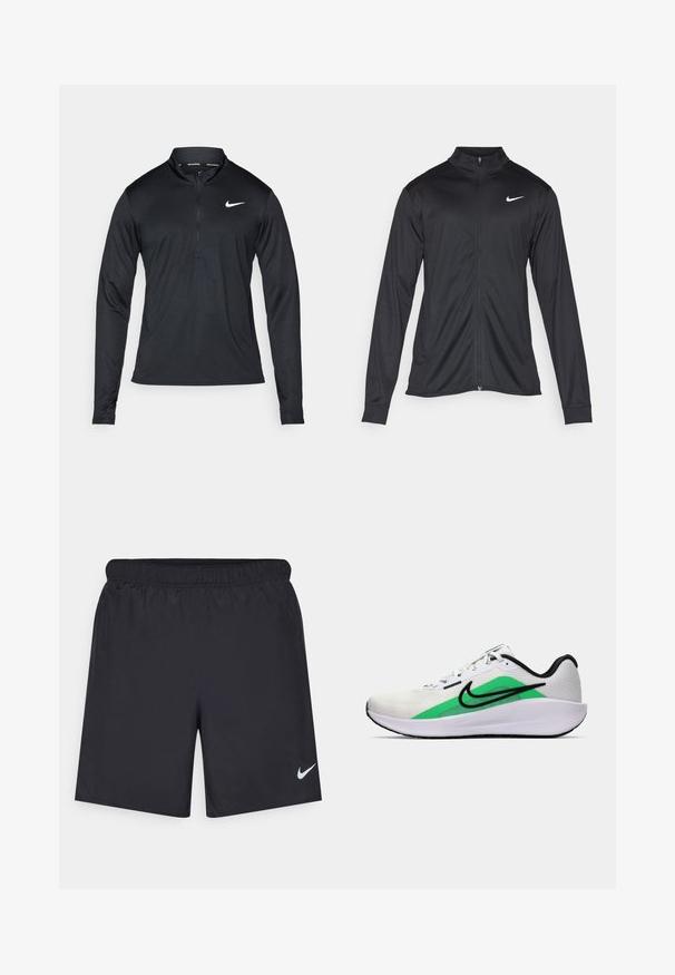 Schwarze Sportjacke mit langen Ärmeln, Kragen und voller Reißverschluss. Verfügt über ein dezentes Nike-Logo in Weiß auf der oberen linken Brust. Glatte Textur.; Schwarzes langärmliges Sportshirt mit einem halben Reißverschluss-Kragen, aus glattem Material gefertigt und mit einem weißen Nike-Logo auf der linken Brust versehen.; Schwarze sportliche Shorts aus leichtem Material mit einem elastischen Bund. Auf der unteren linken Seite befindet sich ein kleines weißes Nike-Logo.; Weißer Sportschuh mit grünem Akzent, schwarzem Logo, oberer Schicht aus Netzmaterial, gepolsterter Sohle und abgerundetem Absatz. Verfügt über Schnürsenkel und kontrastierende Details.