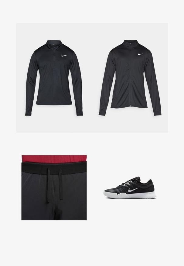 Crna sportska jakna s dugim rukavima, ovratnikom i punim patentnim zatvaračem. Ima suptilan Nike logo u bijeloj boji na gornjem lijevom dijelu prsne oznake. Glatka tekstura.; Crna duga rukava sportska majica s polu-zatvaračem, napravljena od glatkog materijala, s bijelim Nike logom na lijevoj strani prsa.; Crne atletske hlače imaju široki pojas s vanjskom vezicom. Tkanina je glatka s blagim sjajem i bez vidljivih uzoraka.; Crna sportska cipela s teksturiranim gornjim dijelom, bijelim Nike swooshom i bijelim gumennim potplatom. Ima dizajn s vezanjem i dinamičan oblik.