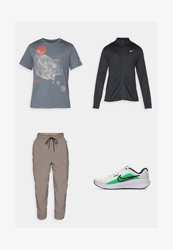 Černá sportovní bunda s dlouhými rukávy, límcem a plným zipem. Má decentní bílou logo značky Nike na horní levé části hrudi. Hladká textura.; Šedé bavlněné tričko s topografickým vzorem v bílém a červeným kruhem. Text v červené a bílé barvě umístěný po levé straně.; Nike cargo kalhoty ve světle šedé barvě, s elastickým pasem na šňůrku, bočními kapsami a zúženým střihem. Hladká textilie.; Bílé sportovní tenisky s zeleným akcentem, černým logem, síťovinovým svrškem, polstrovanou podešví a zaobleným podpatkem. Mají tkaničky a kontrastní detaily.