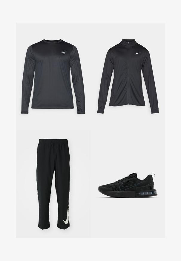 Jacket desportivo preto com mangas longas, colarinho e fecho zip completo. Apresenta um discreto logotipo da Nike em branco na parte superior do lado esquerdo do peito. Textura suave.; Camisa atlética de manga longa em preto, feita de um tecido suave e leve com uma textura subtil. Apresenta um pequeno logótipo na parte superior esquerda do peito.; Calças atléticas pretas com cintura elástica, design afunilado, apresentando um grande logótipo branco da Nike na perna esquerda. Tecido macio e leve.; Tênis esportivo Nike preto com parte superior em malha, sola de borracha, colarinho acolchoado e um distinto detalhe transparente no calcanhar.