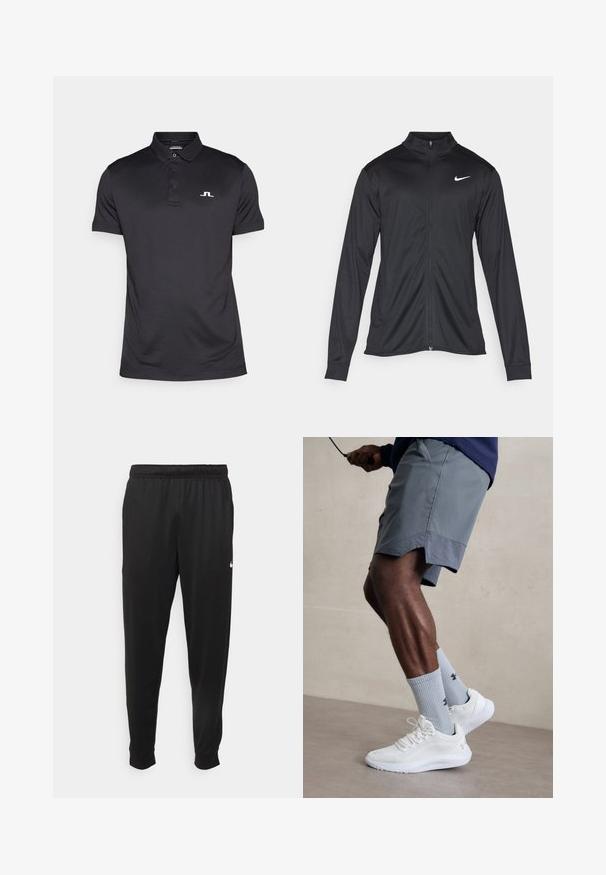 Fekete sportdzseki hosszú ujjal, gallérral és teljes cipzárral. Diszkrét fehér Nike logóval az upper bal mellen. Sima textúra.; J.LINDEBERG Sports WINCE - Pólóing - black; Fekete sportos nadrág sima anyagból, rugalmas derékkal, szűkülő lábakkal és egy kis fehér logóval a bal oldalon.; Fehér sportcipők, amelyek texturált hálós felsőrésszel rendelkeznek, világoskék bordázott zoknival, amely logót visel. Szürke sportshortok perforált díszítéssel.