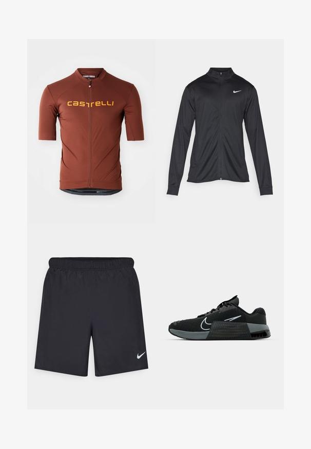 Černá sportovní bunda s dlouhými rukávy, límcem a plným zipem. Má decentní bílou logo značky Nike na horní levé části hrudi. Hladká textura.; Cyklistický dres s krátkým rukávem v tmavě červené barvě, s celopropínacím zipem a výrazným žlutým logem "castelli" přes hruď.; Černé sportovní šortky vyrobené z lehkého materiálu s elastickým pasem. Na spodní levé straně mají malé bílé logo Nike.; Černá sportovní bota s síťovaným svrškem, šedými akcenty a texturovanou mezipodešví. Obsahuje výrazné logo a design na šněrování. Gumová podešev pro trakci.
