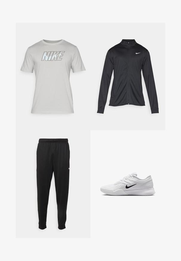 Chaqueta atlética negra con mangas largas, collar y cremallera completa. Presenta un sutil logo de Nike en blanco en la parte superior izquierda del pecho. Textura suave.; Nike Performance TEE - Camiseta deportiva - dark grey heather; Pantalones deportivos negros de tejido suave, con cintura elástica, perneras ajustadas y un pequeño logotipo blanco en el lado izquierdo.; Zapatilla deportiva blanca con parte superior de malla texturizada, swoosh negro de Nike, cuello acolchado y suela de goma con un patrón de taco.