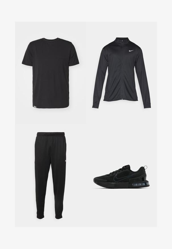 Svart idrettsjakke med lange ermer, krage og full glidelås. Har en subtil Nike-logo i hvitt på øvre venstre bryst. Glatt tekstur.; Svart t-skjorte med korte ermer i glatt bomullsmateriale, med rund hals og en liten etikett ved venstre søm nederst.; Svarte treningsbukser laget av glatt stoff, med elastisk midje, smale ben og en liten hvit logo på venstre side.; Svart Nike treningssko med mesh-overdel, gummisåle, polstret krage og en distinkt gjennomsiktig hældetalj.
