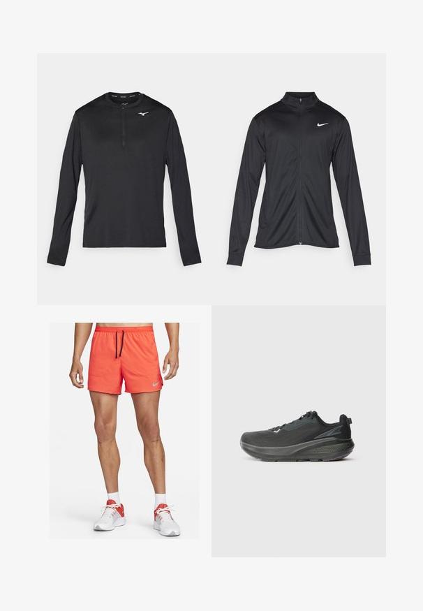 Black athletic jacket with long sleeves, collar, and full zipper. Features a subtle Nike logo in white on the upper left chest. Smooth texture.; Long-sleeve athletic shirt in black, featuring a half-zip neckline and a small white logo on the chest. Made of smooth, lightweight fabric.; Nike men's running shorts in bright orange, featuring an elastic waistband with a drawstring, side pockets, and a small gray logo accent.; Black athletic shoe featuring a breathable mesh upper, textured sole, and a supportive midsole design. Reflective accents are present.