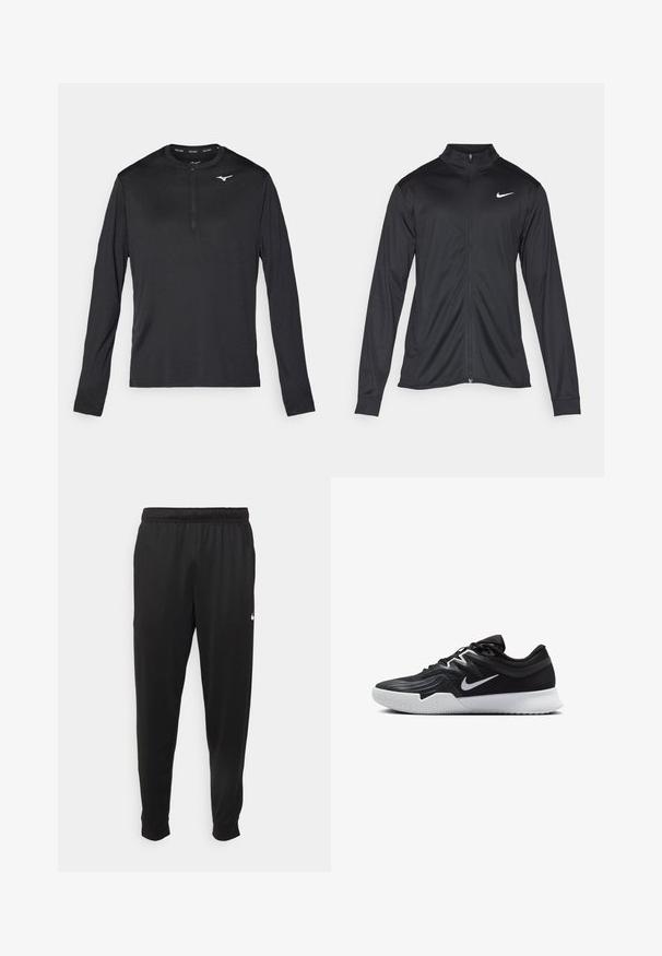 Melna sporta jaka ar garām piedurknēm, apkakli un pilnu rāvējslēdzēju. Uz kreisā krūts augšdaļas ir maigs Nike logo baltā krāsā. Gluda tekstūra.; Garās piedurknes sporta krekls melnā krāsā ar pusi-iepirkamo kaklu un mazu baltu logotipu uz krūtīm. Izgatavots no gludas, vieglas auduma.; Melnas sporta bikses, kas izgatavotas no gludas auduma, ar elastīgu jostu, sašaurinošām kājām un mazu balto logo kreisajā pusē.; Melni sporta apavi ar teksturētu virsu, balto Nike zulumu un balto gumijas zoli. Iezīmējas ar auklu pievilkšanas dizainu un dinamisku formu.