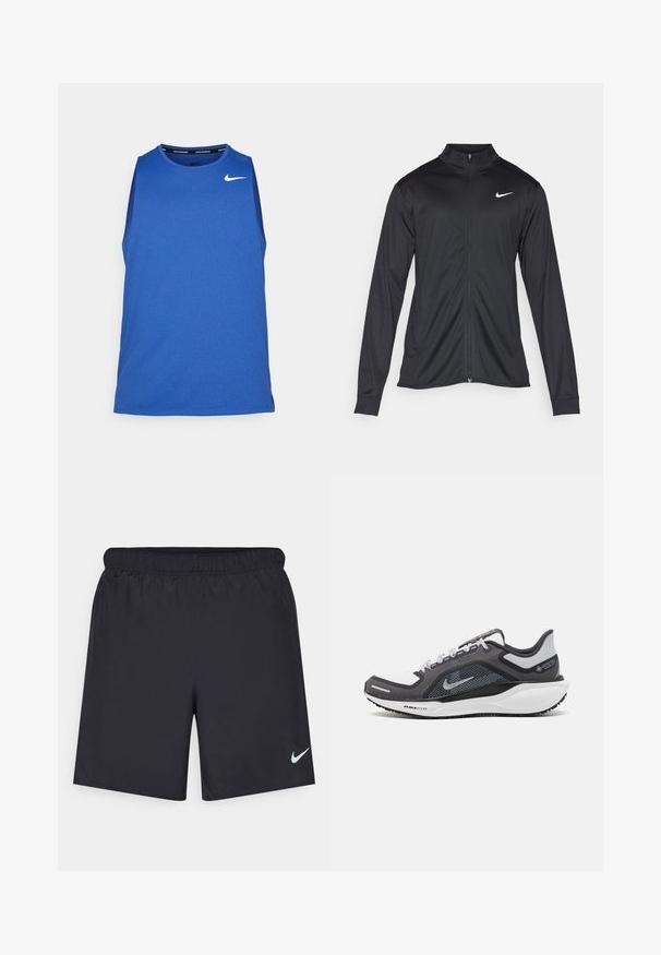 Czarna sportowa kurtka z długimi rękawami, kołnierzem i pełnym zamkiem. Posiada subtelne logo Nike w białym kolorze na lewej górnej części klatki piersiowej. Gładka tekstura.; Nike Performance MILER błękit królewski melanż; Czarne spodenki sportowe wykonane z lekkiego materiału, z elastycznym pasem. Posiadają małe białe logo Nike na dolnej lewej stronie.; Czarne i szare buty sportowe z siateczkową cholewką, odblaskowymi akcentami i białą podeszwą środkową. Posiadają teksturowaną gumową podeszwę i sznurowadła.