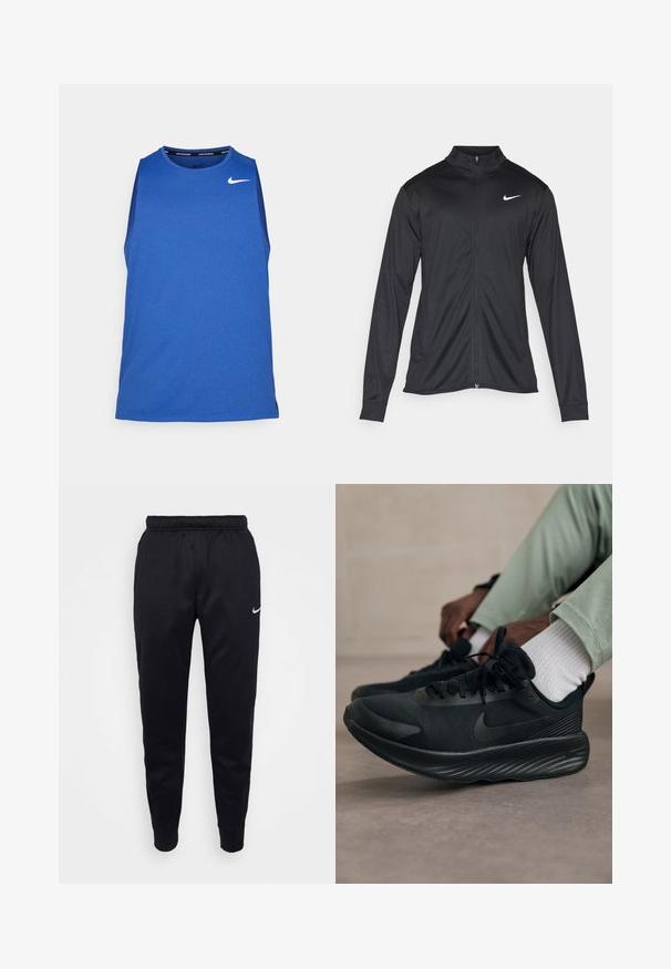 Musta urheilutakki pitkillä hihoilla, kauluksella ja kokonaisella vetoketjulla. Täydentää hienovarainen Nike-logo valkoisena vasemmassa ylärinnassa. Litteä pinta.; Nike Performance MILER TANK - Toppi - game royal/midnight navy/reflective silver; Mustat Nike-housut, joissa on joustava vyötärö, kapenevat lahkeet ja hienovarainen logoakseli. Valmistettu sileästä kankaasta yksinkertaisella muotoilulla.; Mustat Nike-juoksukengät, joissa on verkkomateriaali päällä, tekstiuroinen pohja ja vähäistä brändäystä. Suunnittelu on virtaviivainen ja urheilullinen.
