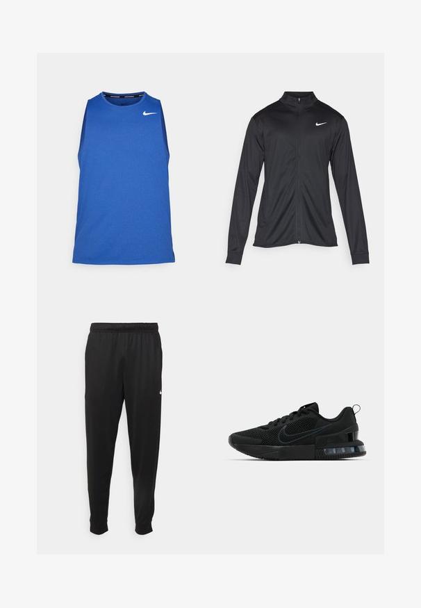 Čierna športová bunda s dlhými rukávmi, golierom a plným zipsom. Obsahuje nenápadné logo Nike v bielej farbe na hornej ľavej hrudi. Hladká textúra.; Nike Performance MILER TANK - Top - game royal/midnight navy/reflective silver; Čierne športové nohavice z hladkej tkaniny, s elastickým pásom, zužujúcimi sa nohavicami a malým bielym logom na ľavej strane.; Čierna atletická obuv Nike so sieťovinovým zvrškom, gumovou podrážkou, polstrovaným golierom a výrazným priehľadným akcentom na podpätku.