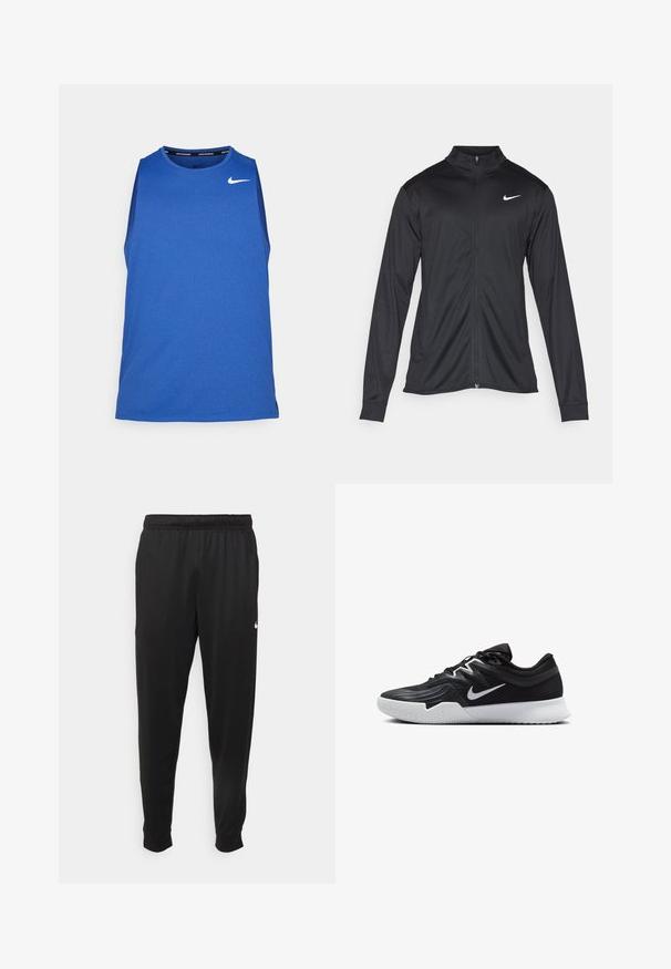 Črna atletska jakna z dolgimi rokavi, ovratnikom in polnim zadrgo. Vključuje diskreten bel Nike logotip na zgornjem levem delu prsnega koša. Gladka tekstura.; Nike Performance MILER TANK - Top - game royal/midnight navy/reflective silver; Črne športne hlače iz gladkega materiala, z elastičnim pasom, zoženimi hlačnicami in majhnim belim logotipom na levi strani.; Črne atletske čevlje z teksturirano zgornjico, belim Nike znakom in belim gumijastim zunanjim podplatom. Imajo vezalni dizajn in dinamično obliko.