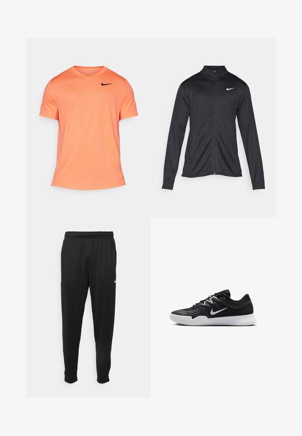 Juodas sportinis švarkas su ilgomis rankovėmis, apykakle ir pilnu užtrauktuku. Yra subtilus baltas Nike logotipas kairėje krūtinės pusėje. Lygus tekstūra.; Nike Performance TOP - Sportiniai marškinėliai trumpomis rankovėmis - light wild mango/black; Juodi sportiniai kelnės, pagamintos iš lygaus audinio, turinčios elastinę juosmenį, siaurėjantys sijonai ir mažas baltas logotipas kairėje pusėje.; Juodos sportinės bateliai su tekstūruota viršutine dalimi, balta Nike swoosh ir balta gumine išorine dalimi. Yra su raištelių užsegimo dizainu ir dinamine forma.