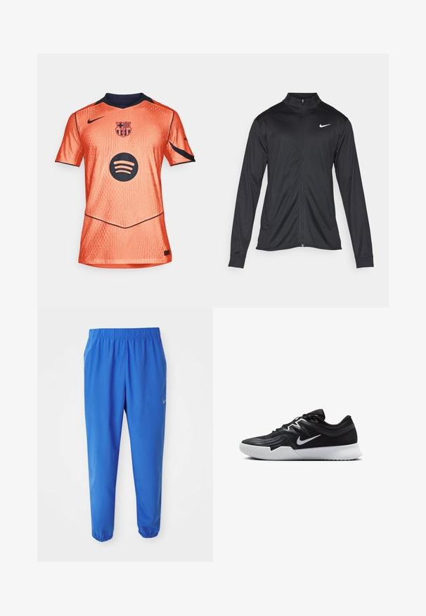 Juodas sportinis švarkas su ilgomis rankovėmis, apykakle ir pilnu užtrauktuku. Yra subtilus baltas Nike logotipas kairėje krūtinės pusėje. Lygus tekstūra.; Oranžinė sportinė marškinė su trumpomis rankovėmis, tekstūruota medžiaga, jūrinės spalvos akcentai, su Barselonos emblemą ir juodu "Spotify" logotipu priekyje.; Mėlynos sportinės kelnės su elastine juosta, tiesios kojos dizainu ir siaurėjantys rankogaliai. Kairėje pusėje yra auksinis Nike logotipas.; Juodos sportinės bateliai su tekstūruota viršutine dalimi, balta Nike swoosh ir balta gumine išorine dalimi. Yra su raištelių užsegimo dizainu ir dinamine forma.