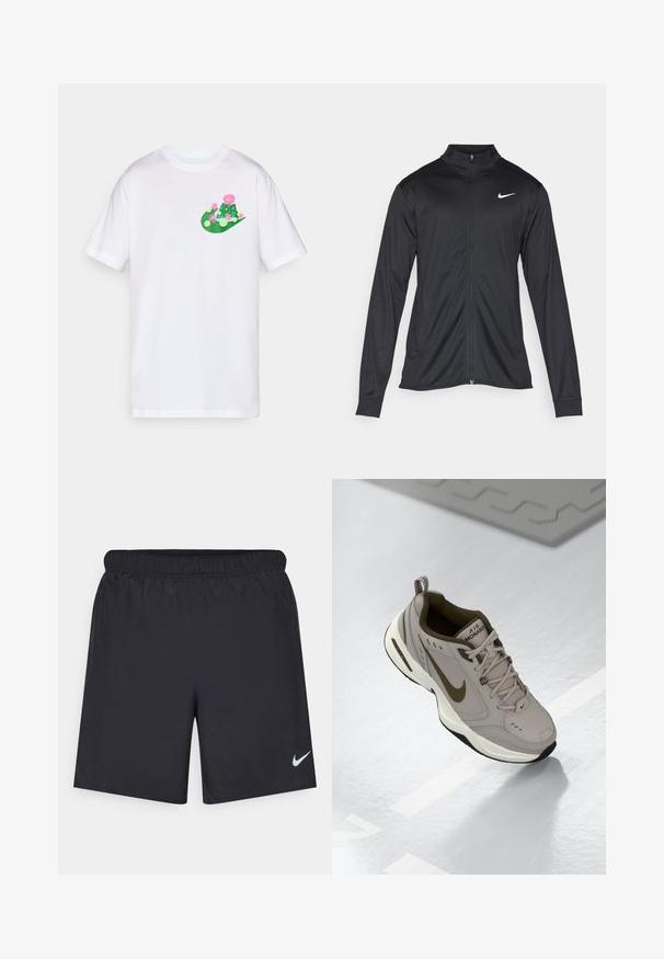 Jachetă sportivă neagră cu mâneci lungi, guler și fermoar complet. Prezintă un logo Nike subtil, alb, pe pieptul din stânga sus. Textură netedă.; Tricou alb din bumbac, cu un design grafic colorat în verde și roz, reprezentând cactuși și flori în zona stângă a pieptului.; Pantaloni scurți atletici negri, fabricați dintr-un material ușor, cu un talie elastică. Au un mic logo alb Nike în partea stângă jos.; Adidașii Nike Air Monarch IV, din piele gri deschis, cu vârf rotund, talpă din cauciuc negru, șireturi bej și logo auriu pe lateral.
