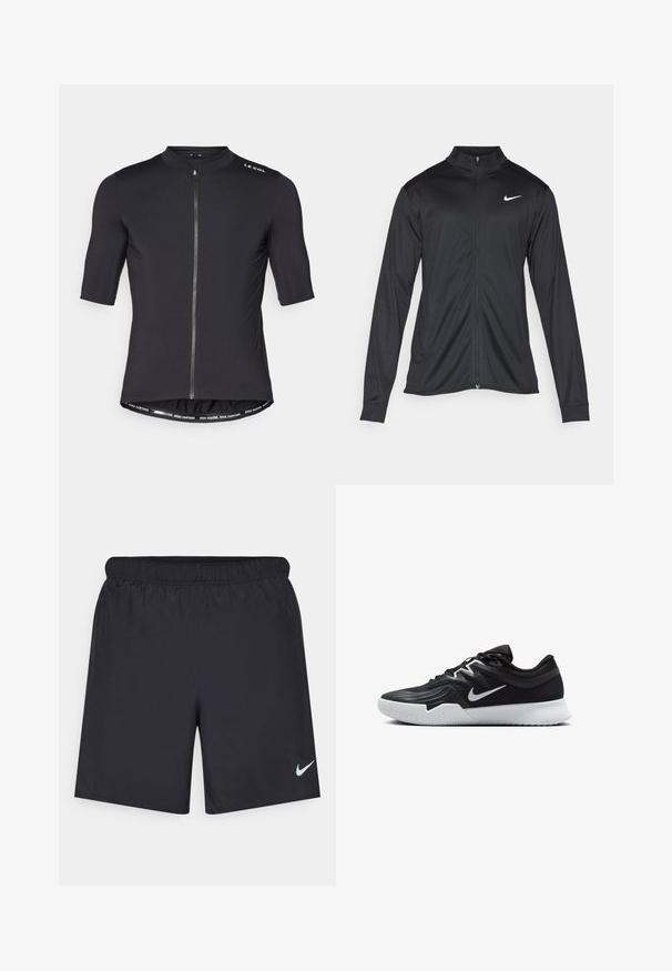 Fekete sportdzseki hosszú ujjal, gallérral és teljes cipzárral. Diszkrét fehér Nike logóval az upper bal mellen. Sima textúra.; Fekete, rövid ujjú kerékpáros mez magas gallérral, elülső cipzárral és kontrasztos derékpánt részletekkel, amelyekre az van írva: "TÖBBET TEKERJ. TÁVOLABB TEKERJ."; Fekete sportnadrág könnyű anyagból, rugalmas derékkal. A bal alsó oldalon egy kis fehér Nike-logó található.; Fekete sportcipő texturált felsőrésszel, fehér Nike logóval és fehér gumitalppal. Fűzős kialakítással és dinamikus formával rendelkezik.