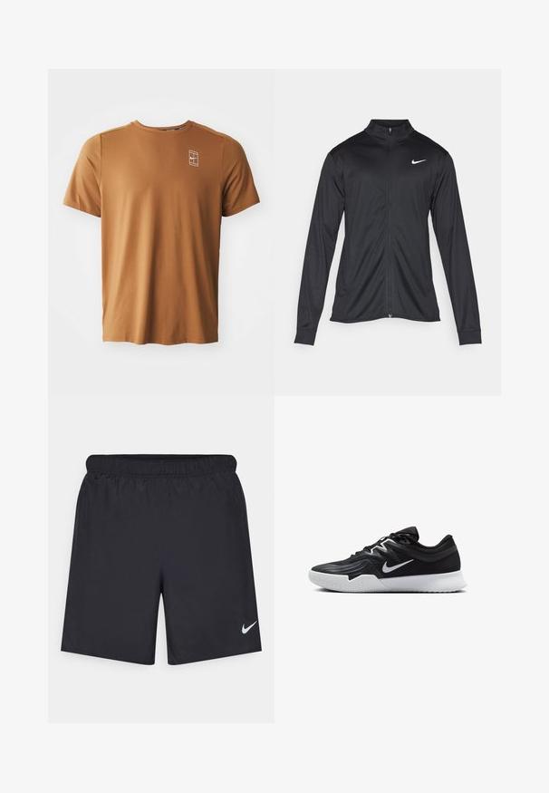 Jachetă sportivă neagră cu mâneci lungi, guler și fermoar complet. Prezintă un logo Nike subtil, alb, pe pieptul din stânga sus. Textură netedă.; Tricou scurt cu mânecă, de culoare maro, realizat dintr-un material texturat, având un mic logo alb pe pieptul stâng. Design cu gât rotund și o croială lejeră.; Pantaloni scurți atletici negri, fabricați dintr-un material ușor, cu un talie elastică. Au un mic logo alb Nike în partea stângă jos.; Pantof sport negru cu un superior texturat, swoosh alb Nike și o tălpică din cauciuc alb. Dispune de un design cu șireturi și o formă dinamică.