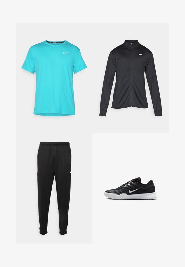 Jachetă sportivă neagră cu mâneci lungi, guler și fermoar complet. Prezintă un logo Nike subtil, alb, pe pieptul din stânga sus. Textură netedă.; Tricou Nike de culoare turcoaz dintr-un material moale și neted. Mâneci scurte, guler rotund, cu un mic logo alb pe piept și cu margini cu slit pe laterale.; Pantaloni sportivi negri dintr-o țesătură netedă, cu un elastic la brâu, picioare conice și un mic logo alb pe partea stângă.; Pantof sport negru cu un superior texturat, swoosh alb Nike și o tălpică din cauciuc alb. Dispune de un design cu șireturi și o formă dinamică.