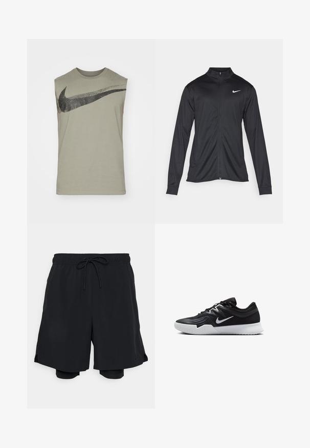 Juodas sportinis švarkas su ilgomis rankovėmis, apykakle ir pilnu užtrauktuku. Yra subtilus baltas Nike logotipas kairėje krūtinės pusėje. Lygus tekstūra.; Nike Performance TEE - Viršus - dark stucco; Juodi sportiniai šortai, pagaminti iš lengvos medžiagos, su elastinga juosmens juosta su raišteliu ir prigludusiais vidiniais šortais.; Juodos sportinės bateliai su tekstūruota viršutine dalimi, balta Nike swoosh ir balta gumine išorine dalimi. Yra su raištelių užsegimo dizainu ir dinamine forma.
